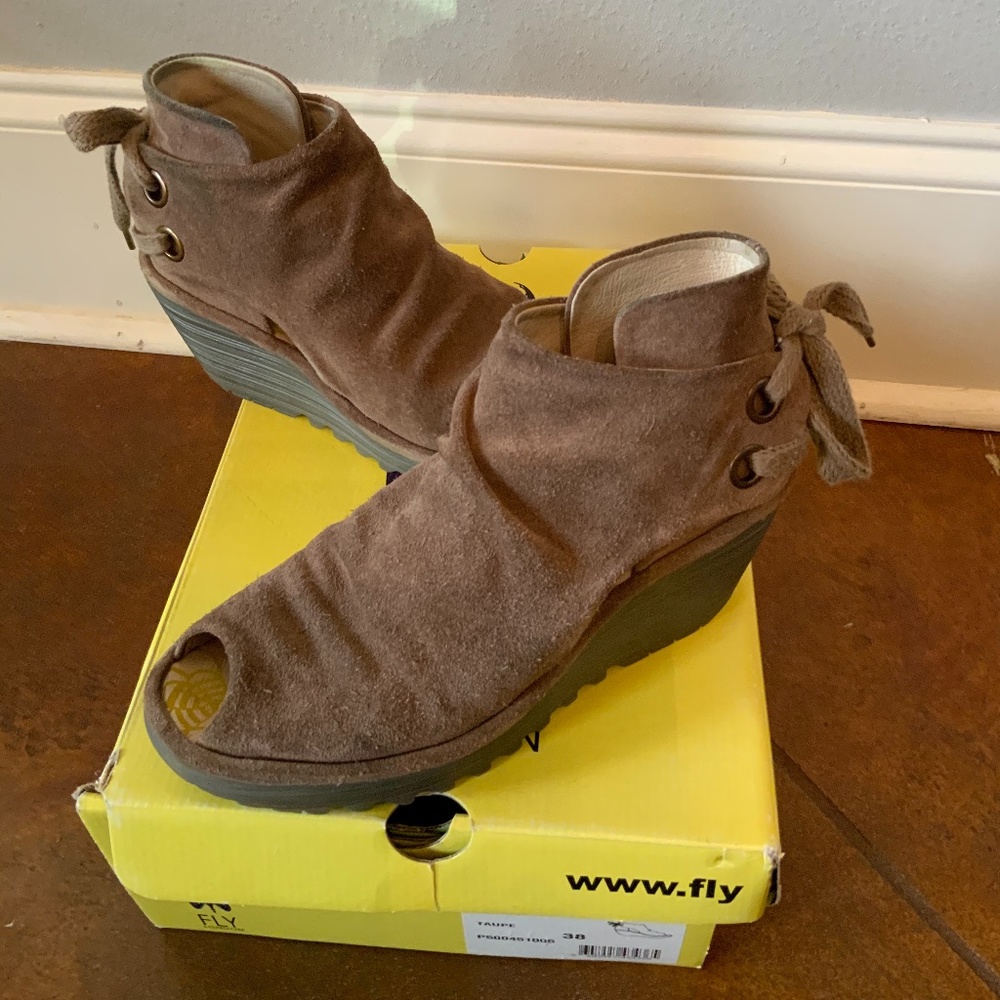 Fly London Yema Taupe Wedge Booties Gem